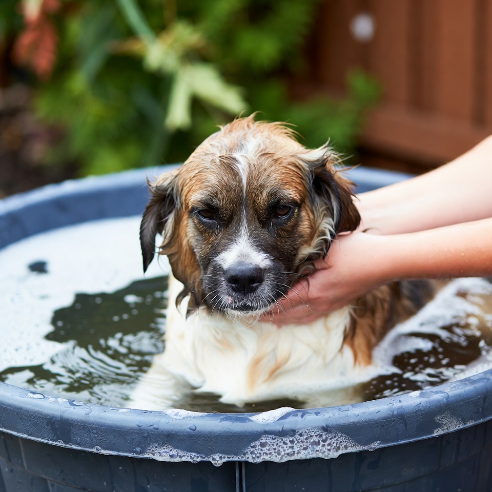 a dog bathing
