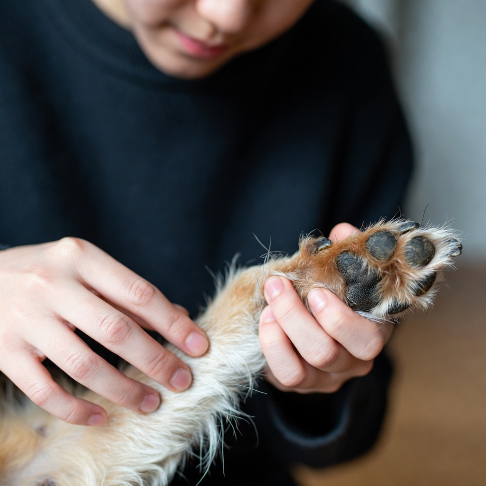 checking the dog's foot